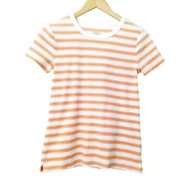 Old Navy Tops - Old Navy Slim Fit Coral White Striped Knit Ringer Crewneck Tee Small